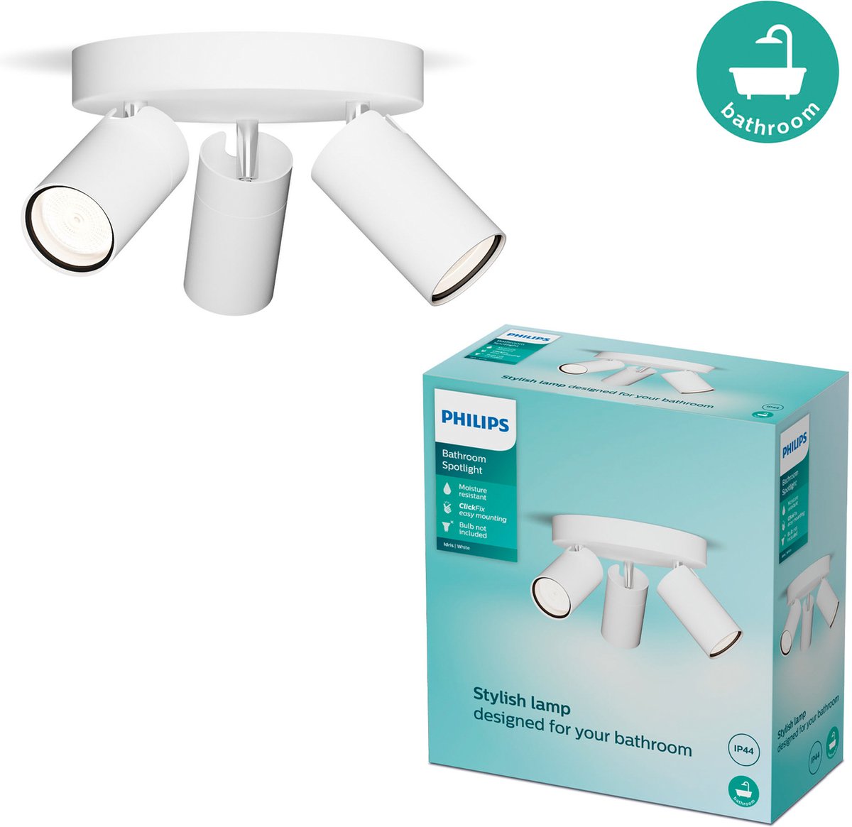 Philips LED Philips Idris spot - spot de plafond - résistant aux éclaboussures IP44 - noir - blanc - lampe de salle de bain - trois points lumineux - plaque de base ronde - convient uniquement aux spots LED