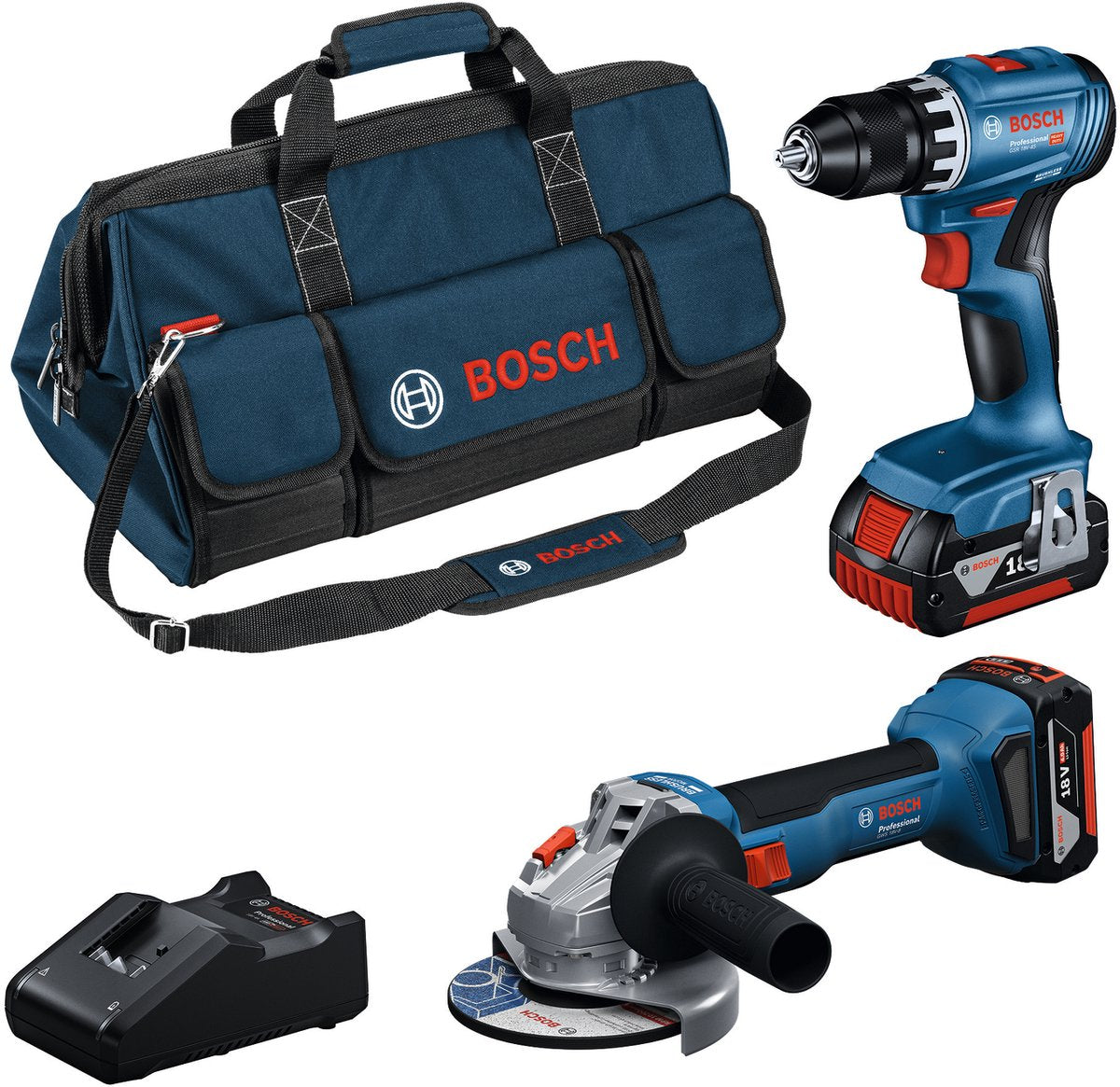 Boîte à outils professionnelle Bosch 18v - ensemble combiné - gws 18v-8 + gsr 18v-45 + 2x gba 18v 4.0 ah + chargeur gal 18v-40