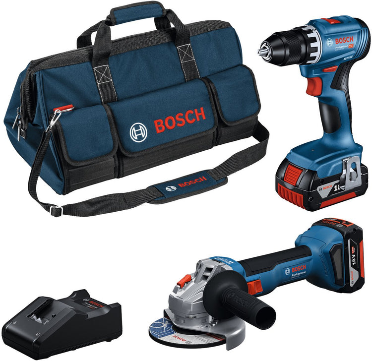 Boîte à outils professionnelle Bosch 18v - ensemble combiné - gws 18v-8 + gsr 18v-45 + 2x gba 18v 4.0 ah + chargeur gal 18v-40