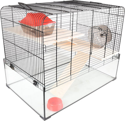 Cage hamster Flamingo – vitru 2 – cage hamster avec fond en verre – cage complète avec roue d'exercice, plateformes et accessoires – noir – 59x38x47 cm – qualité européenne