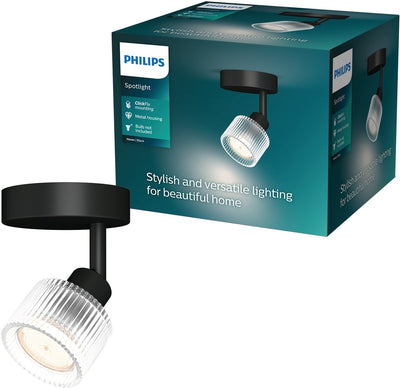 Spot en saillie Philips Hearing - culot LED Gu10 - orientable - 1 point lumineux - clickfix - noir avec verre nervuré