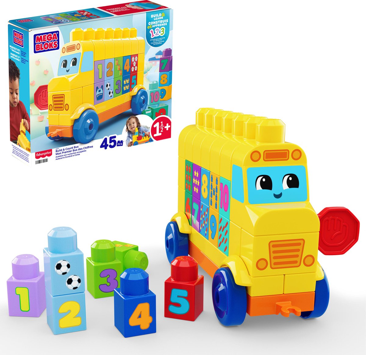 Bus de construction et de comptage de méga blocs - ensemble de jouets avec blocs de construction - 45 pièces