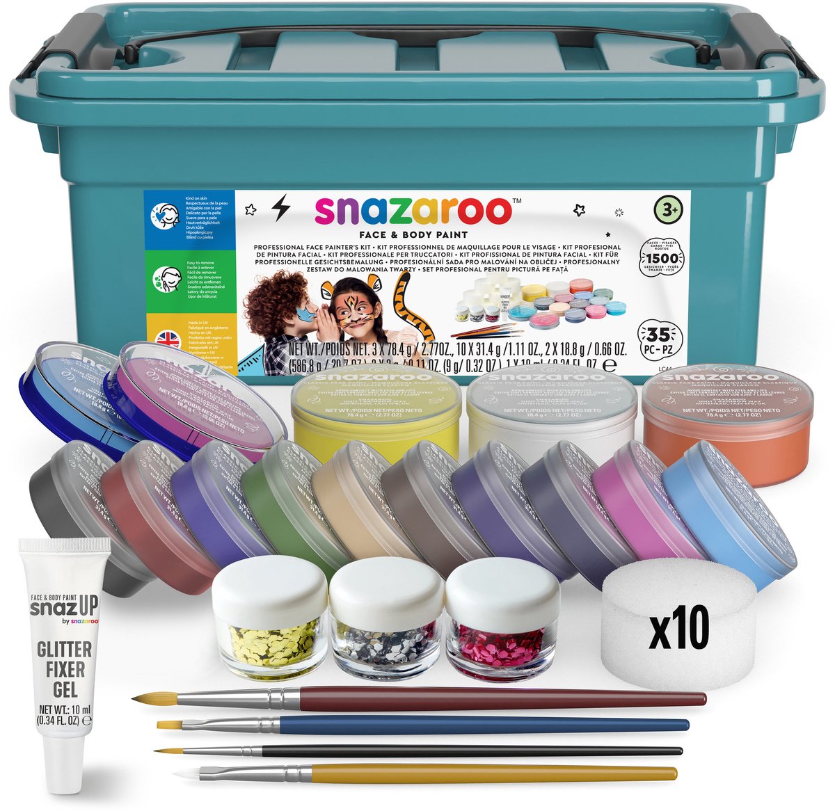 Snazaroo 1172249 Kit de maquillage professionnel - Kit complet de maquillage pour événements, festivals, écoles - doux pour la peau, à base d'eau, avec paillettes - plus de 1 500 visages, un plaisir sans fin