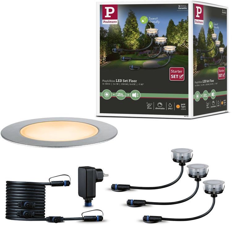 Paulmann Plug Shine LED Spot encastrable au sol Kit de base sans insectes IP67 2200K 3x2W 21VA Argent