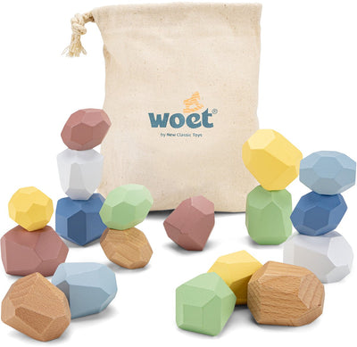Blocs d'équilibre en bois Woet ® - Ensemble de pierres à empiler 18 pièces - Jouets à empiler Montessori avec sac de rangement pratique - FSC - à partir de 18 mois