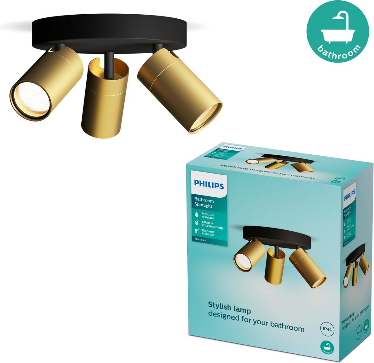 Philips LED Philips Idris spot - spot de plafond - résistant aux éclaboussures IP44 - noir avec or - lampe de salle de bain - trois points lumineux - plaque de base ronde - convient uniquement aux spots LED
