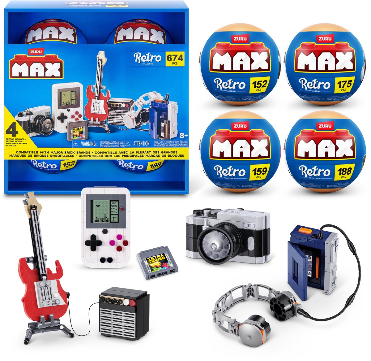 Max zuru retro - appareil photo, guitare, console de jeux et lecteur de cassettes - pack de 4