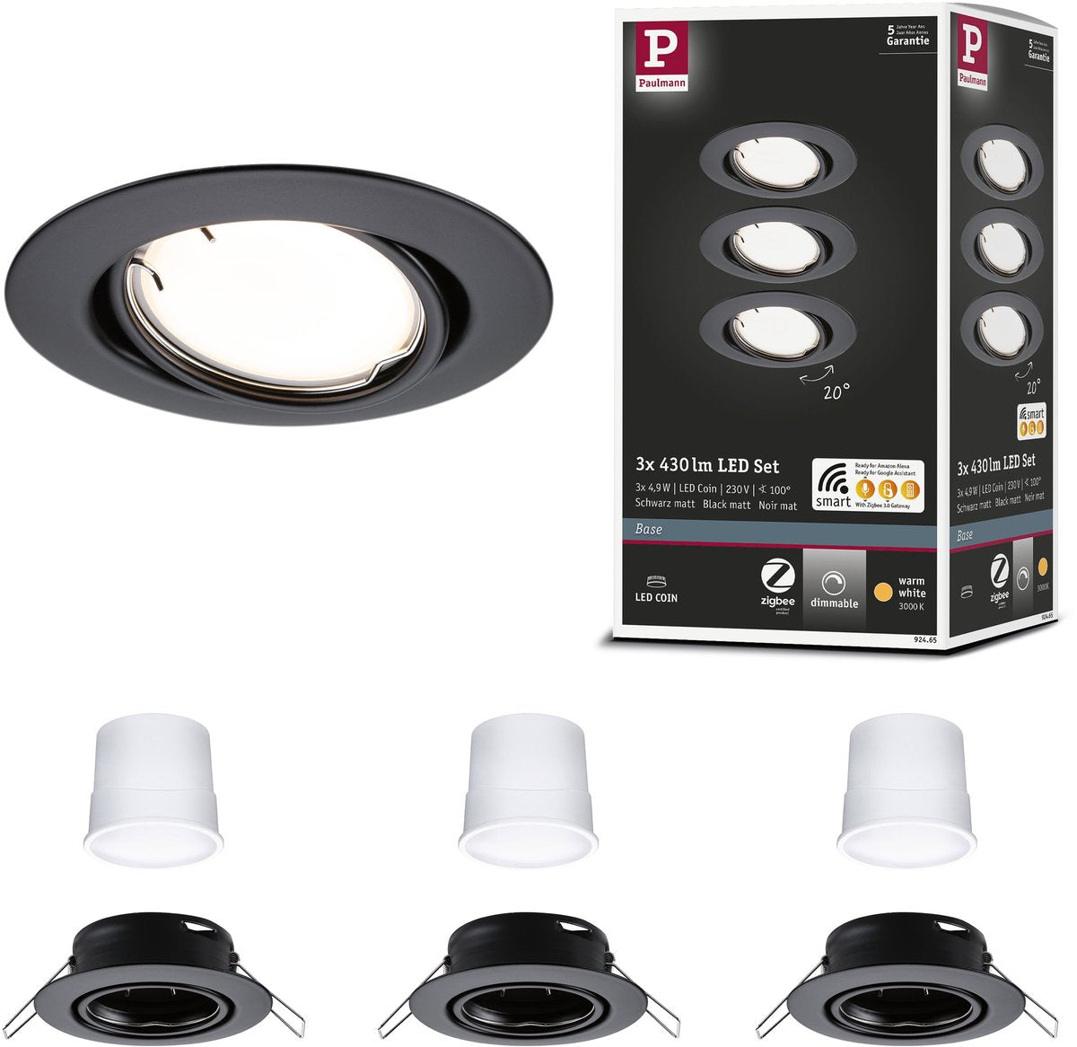 Paulmann Lampe à encastrer LED Smart Home Zigbee 3.0 base coin base set pivotant rond 90 mm 20° coin 3x4,9w 3x430lm 230v dimmable 3000k noir mat