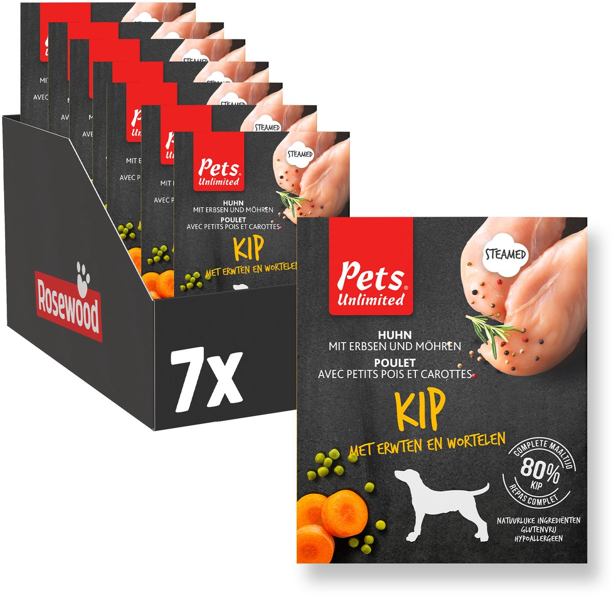 Rosewood pets unlimited - nourriture humide pour chiens - poulet - repas cuit à la vapeur - 7 contenants x 395g