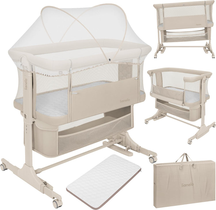 Lit bébé Lionelo jodie 3en1 - lit d'appoint, lit autoportant berceau à bascule - lit co - 6 positions en hauteur - matelas T25 - côté rabattable - avec panier moustiquaire