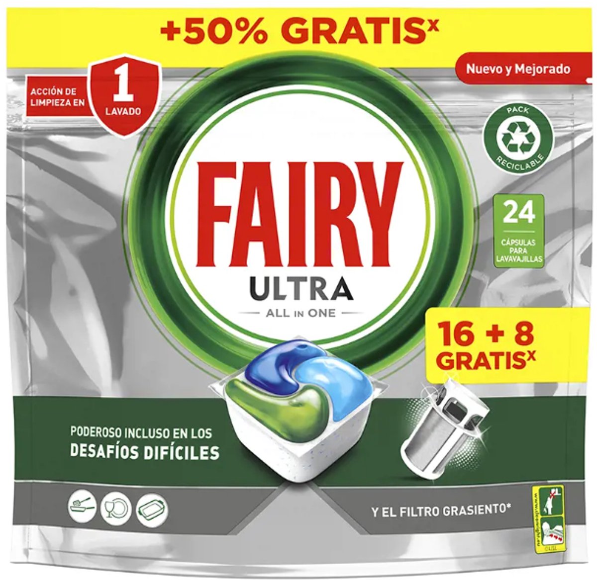 Pastilles lave-vaisselle Fée tout en 1 platine fraîche (24 unités)