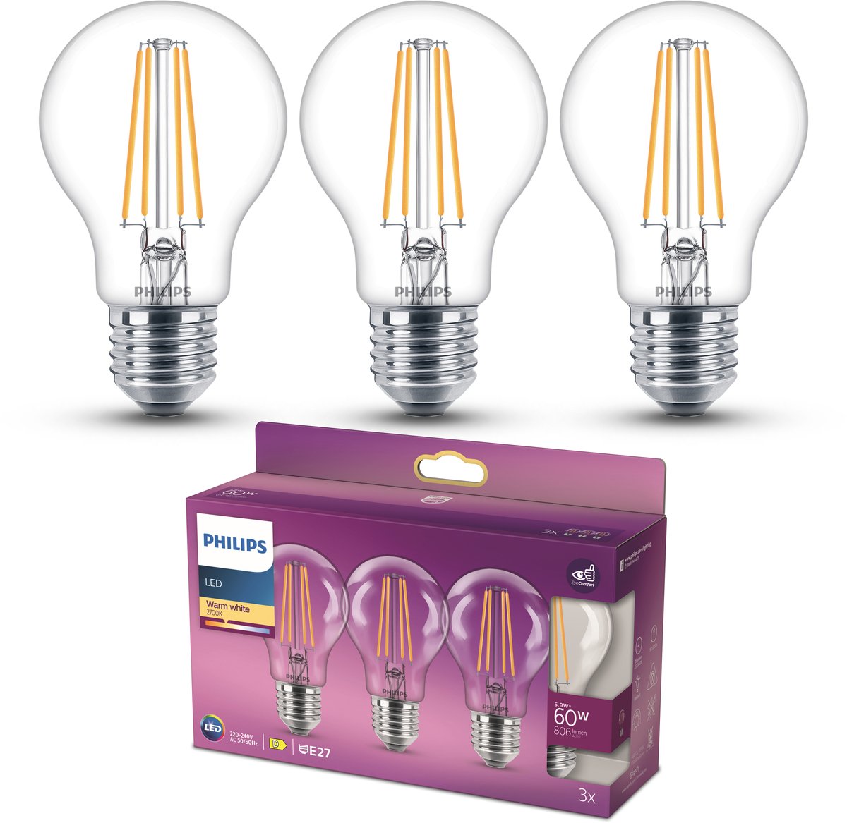 Lampe LED Philips - forme de lampe standard avec culot E27 - lumière blanc chaud : 2700k - 60w - verre transparent - pack de 3
