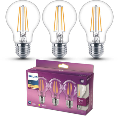 Lampe LED Philips - forme de lampe standard avec culot E27 - lumière blanc chaud : 2700k - 60w - verre transparent - pack de 3