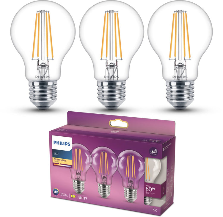 Lampe LED Philips - forme de lampe standard avec culot E27 - lumière blanc chaud : 2700k - 60w - verre transparent - pack de 3