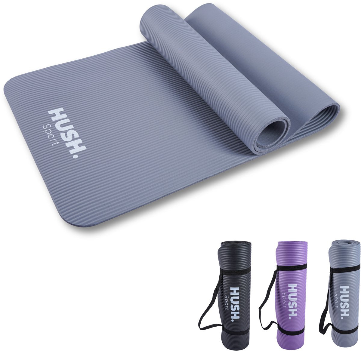 Hush sport - tapis de yoga 180 x 60 cm - rembourrage NBR de 8 mm d'épaisseur - pour le yoga, le pilates fitness - avec sangle de transport pratique - léger et enroulable - gris