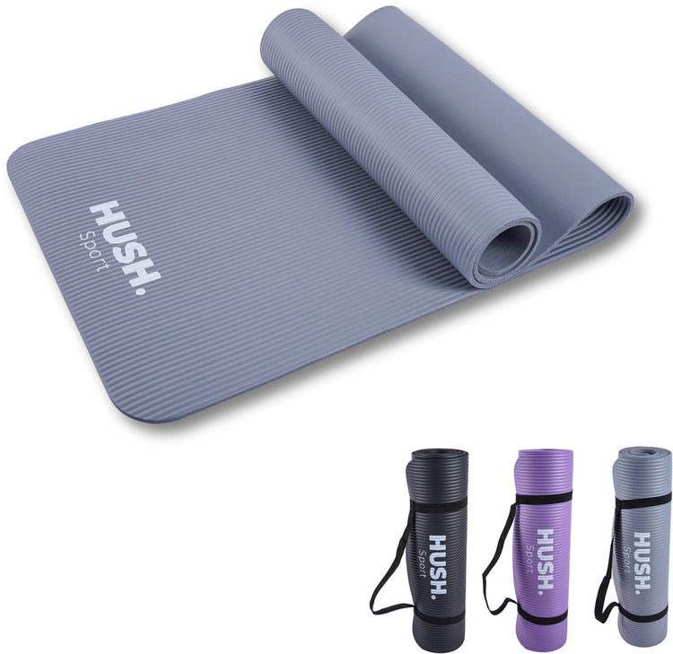Hush sport - tapis de yoga 180 x 60 cm - rembourrage NBR de 8 mm d'épaisseur - pour le yoga, le pilates fitness - avec sangle de transport pratique - léger et enroulable - gris
