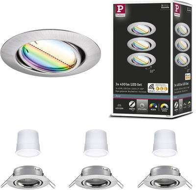 Paulmann Lampe encastrable LED Smart Home Zigbee 3.0 base coin base set orientable rond 90 mm 20° coin 3x4,9W 3x420lm 230V dimmable RGBW+ acier brossé