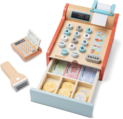 Caisse enregistreuse jouet en bois Woet ® - caisse enregistreuse comprenant scanner, machine à épingles et argent - magasin de jeux de rôle - jouets éducatifs - à partir de 3 ans