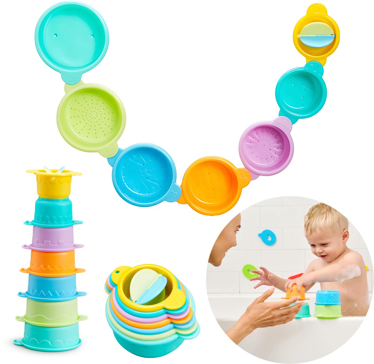 Jouets de bain Munchkin - Connect a Cup - Tasses de bain joyeuses - Jouets de bain pour garçons et filles - Éducatifs pour les enfants - à partir de 9 mois - 7 tasses pour le bain