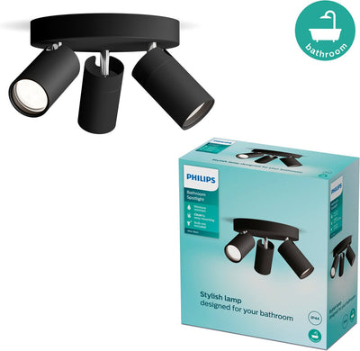 Philips LED Philips Idris spot - spot de plafond - résistant aux éclaboussures IP44 - noir - 5W - lampe de salle de bain - trois points lumineux - plaque de base ronde - convient uniquement aux spots LED