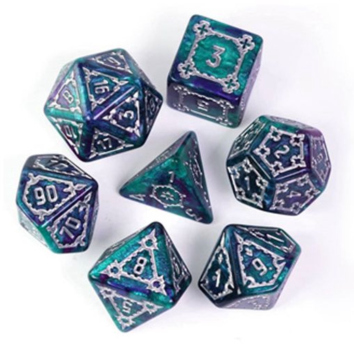 Jeux chauds jeu de dés château jumbo vert-violet 7 pièces donjons et dragons.