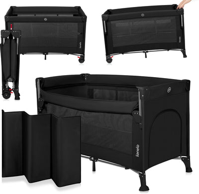 Lit de voyage Lionelo Ellen 3 en 1 – lit d'appoint, lit bébé/enfant – cododo – – lit de camping – 2 positions de matelas – pliable – roues avec freins – avec sac de transport – jusqu'à 15 kg