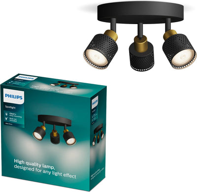 Philips LED Spot Philips Niall - spot de plafond à trois points lumineux - noir avec design doré - raccord LED gu10 - plaque de base ronde