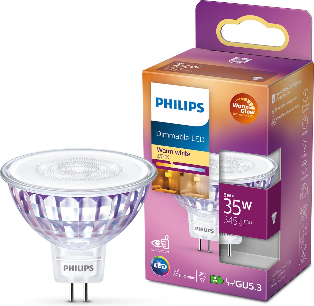 Spot LED Philips - 35 W - gu5.3 - lumière blanc chaud dimmable