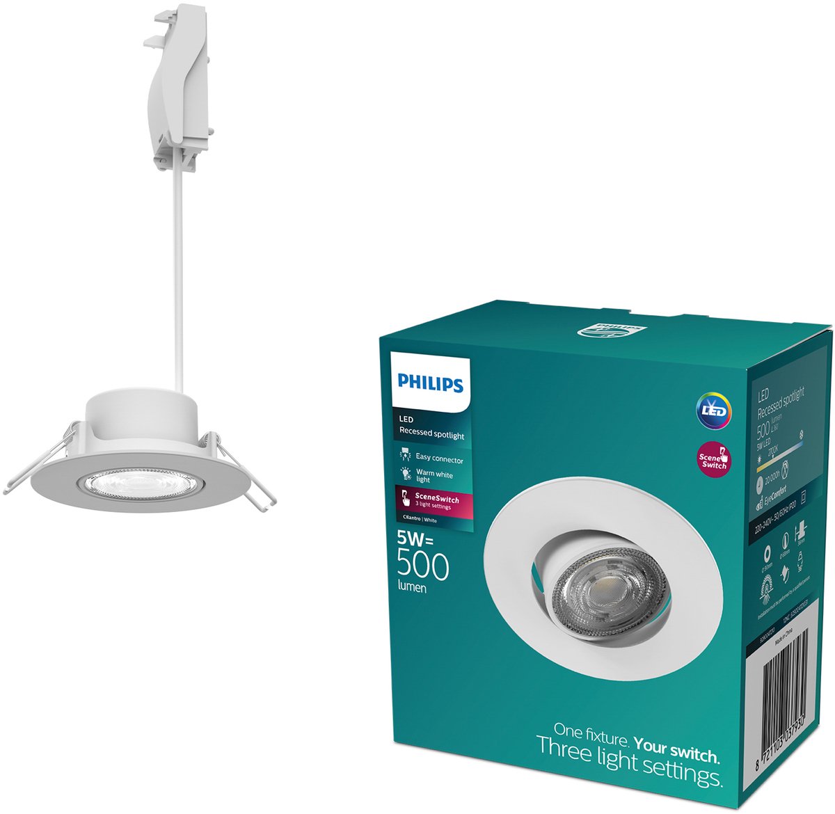 Spot encastrable Philips LED Philips Cilantro - technologie d'éclairage à interrupteur de scène - 5w - lumière blanc chaud : 2700k - blanc