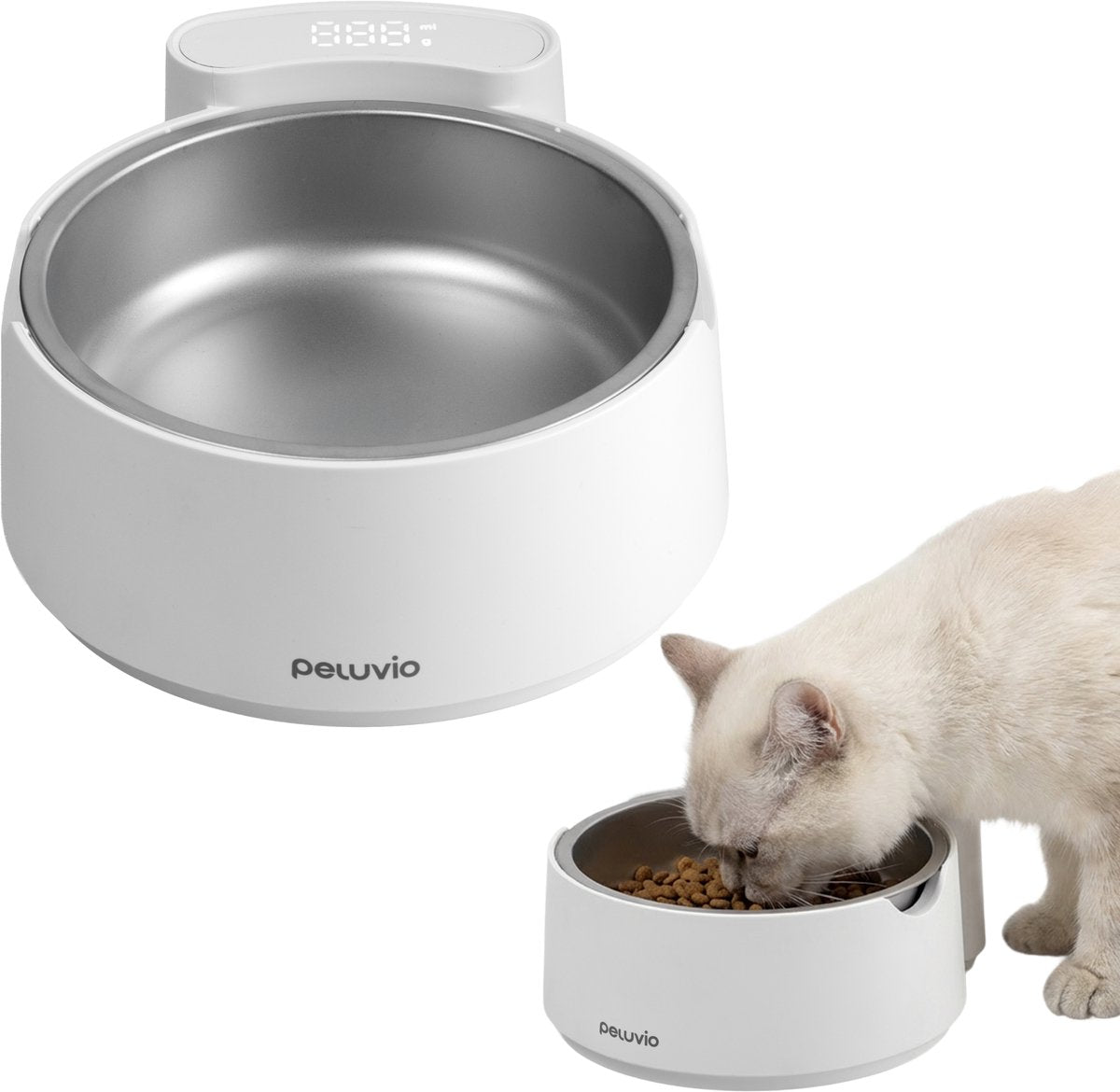 Peluvio Scalo – gamelle de nourriture pour chat avec balance numérique – précision 1 g – gamelle en acier inoxydable avec fonction tare – pour nourriture sèche, humide et eau – mesure en grammes ml – certifié LFGB – capacité 700 g – alimenté par batterie