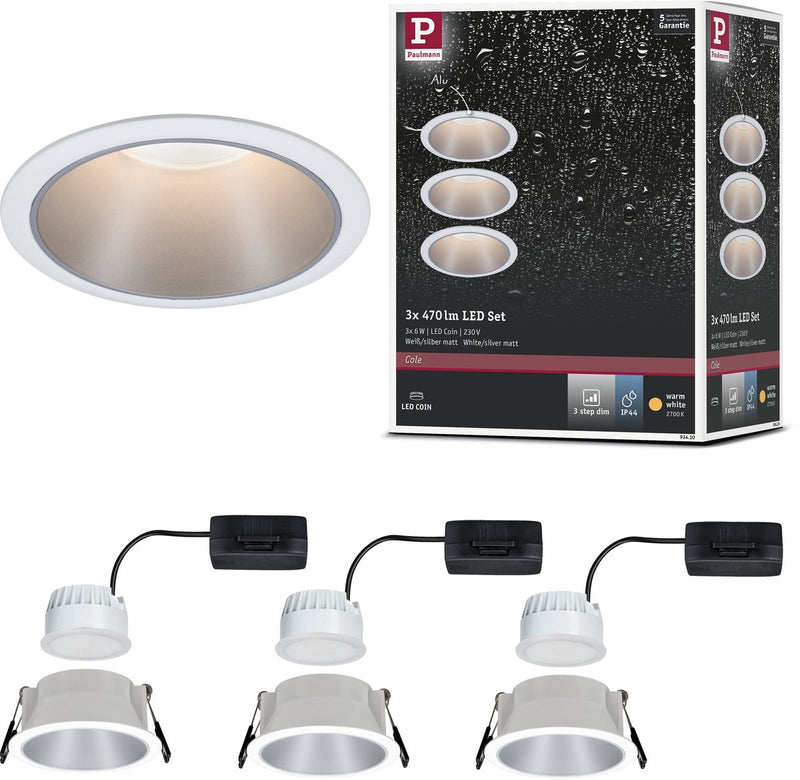 Paulmann lampe à encastrer LED 3-step-dim cole coin set de 3 ip44 rond 88 mm coin 3x6w 3x470lm 230v dimmable 2700k blanc, argent mat