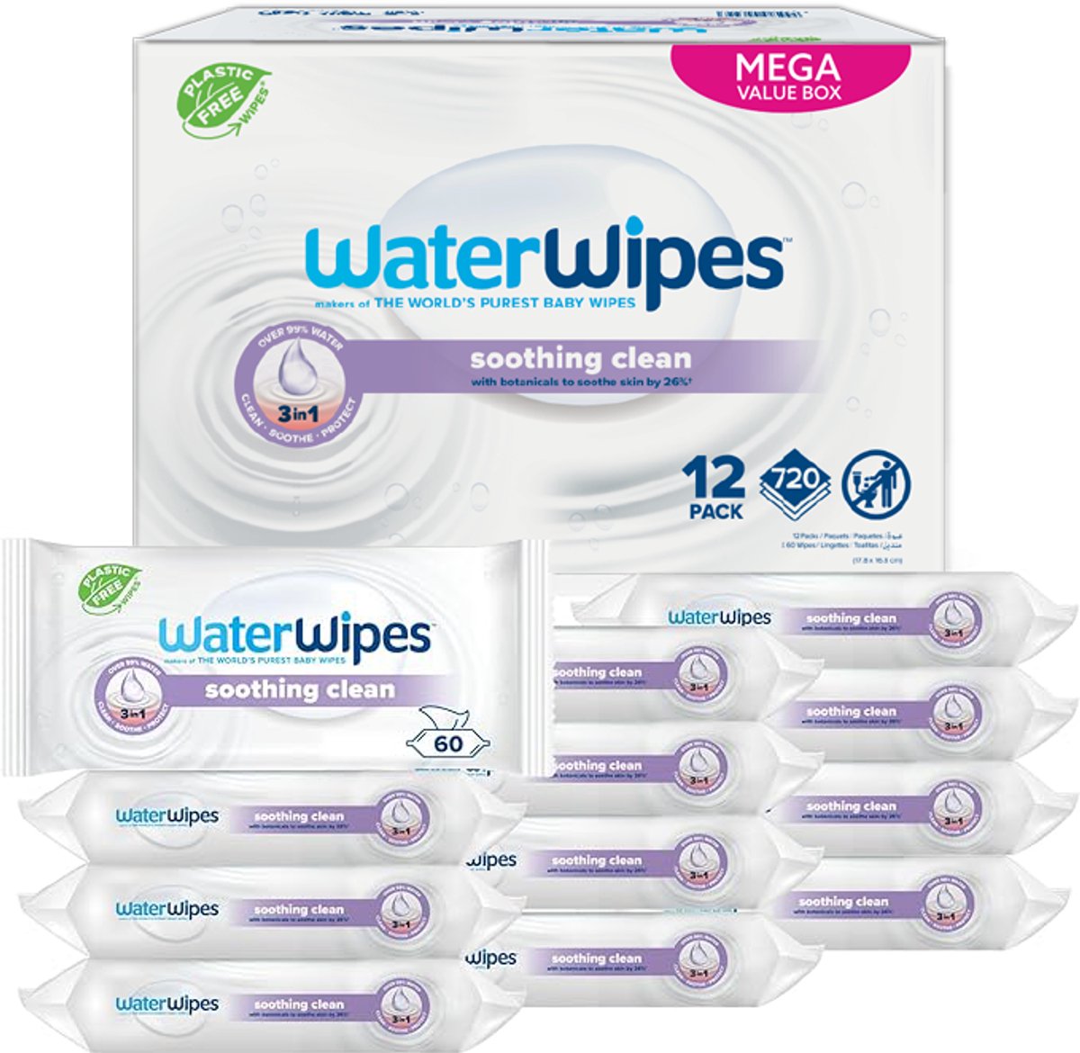Waterwipes lingettes propres et apaisantes pour bébé - 12 x 60 pièces = 720 lingettes