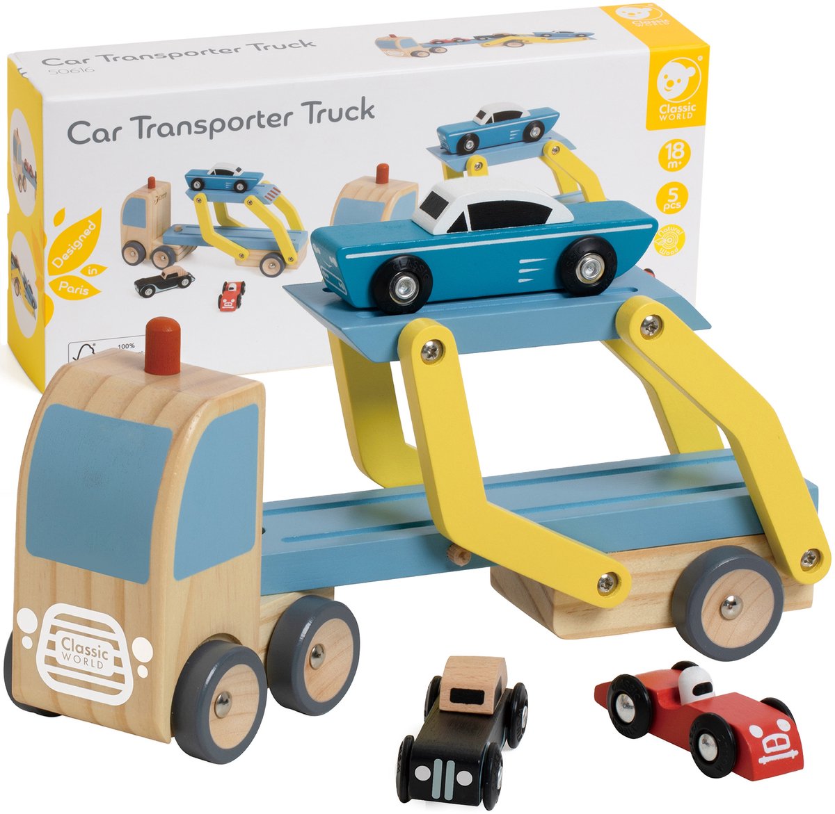 Transporteur en bois mondial classique avec 3 voitures