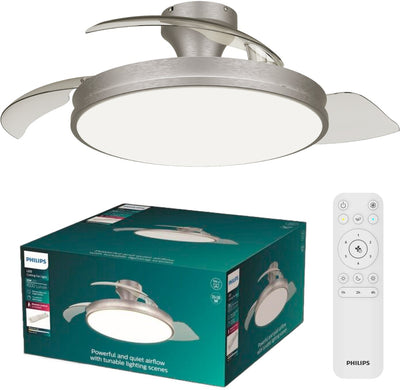 Philips LED Ventilateur de plafond Philips Atlas avec lampe LED intégrée - 3 pales escamotables, diamètre : 106 cm - 4500 lumens - lumière blanche réglable de 2700k à 6500k - dimmable jusqu'à 5% - télécommande - nickel