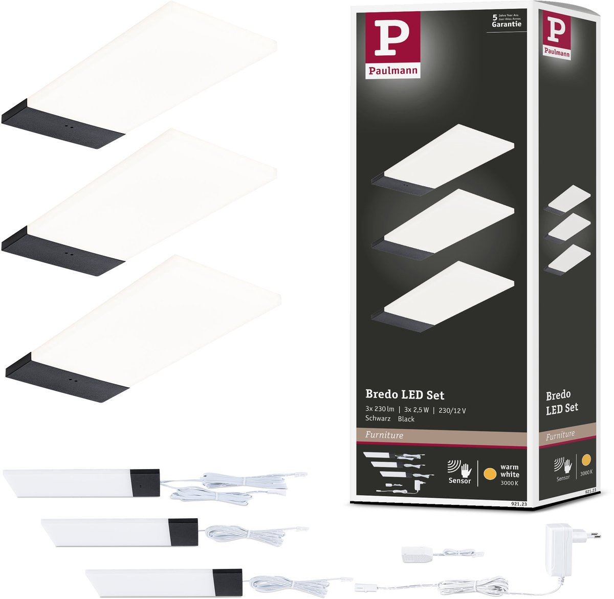Paulmann Éclairage LED sous meuble Bredo interrupteur de proximité lot de 3 3x2,5w 80x190 mm 3x180lm 230 12v noir