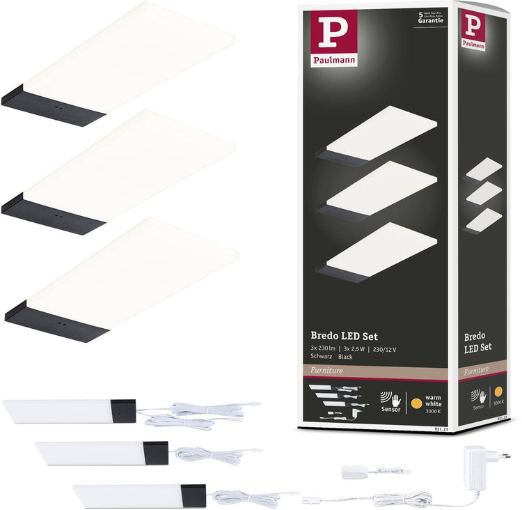 Paulmann Éclairage LED sous meuble Bredo interrupteur de proximité lot de 3 3x2,5w 80x190 mm 3x180lm 230 12v noir