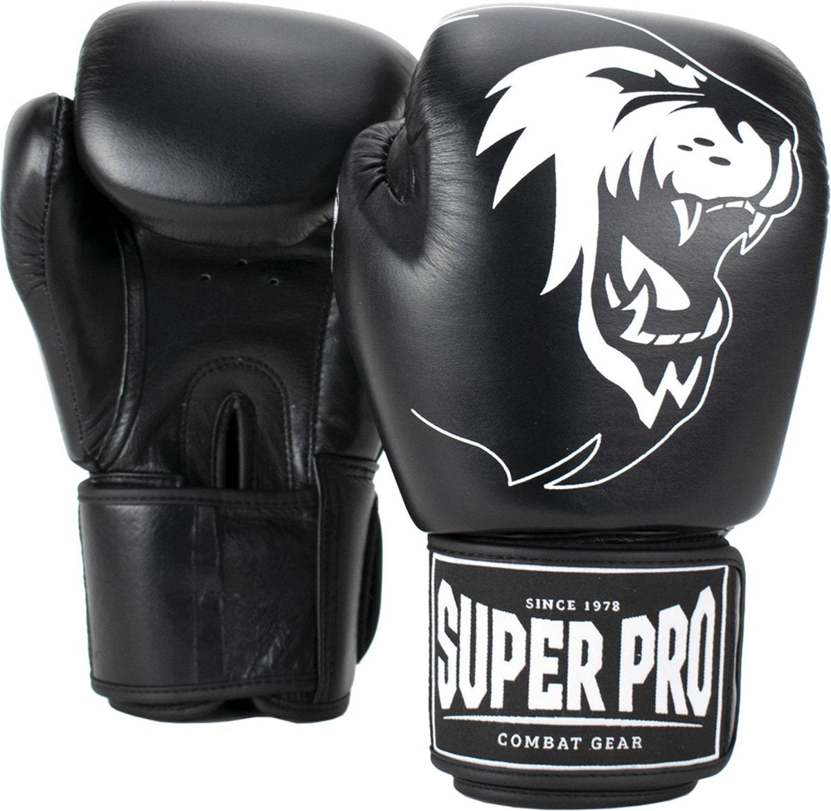 Gants de boxe en cuir Super Pro Combat Gear Warrior (kick) noir et blanc 16oz