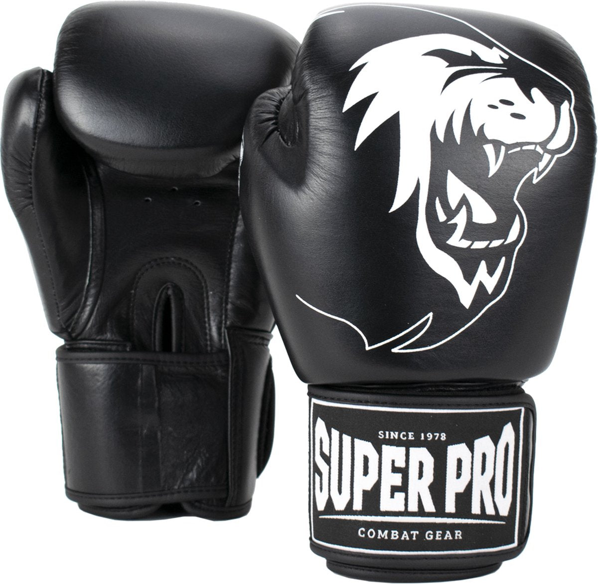 Gants de boxe en cuir de guerrier super pro combat gear (kick) noir et blanc 8oz