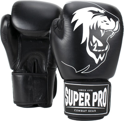 Gants de boxe en cuir de guerrier super pro combat gear (kick) noir et blanc 8oz