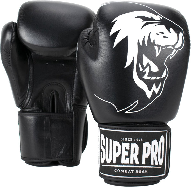 Gants de boxe en cuir de guerrier super pro combat gear (kick) noir et blanc 8oz