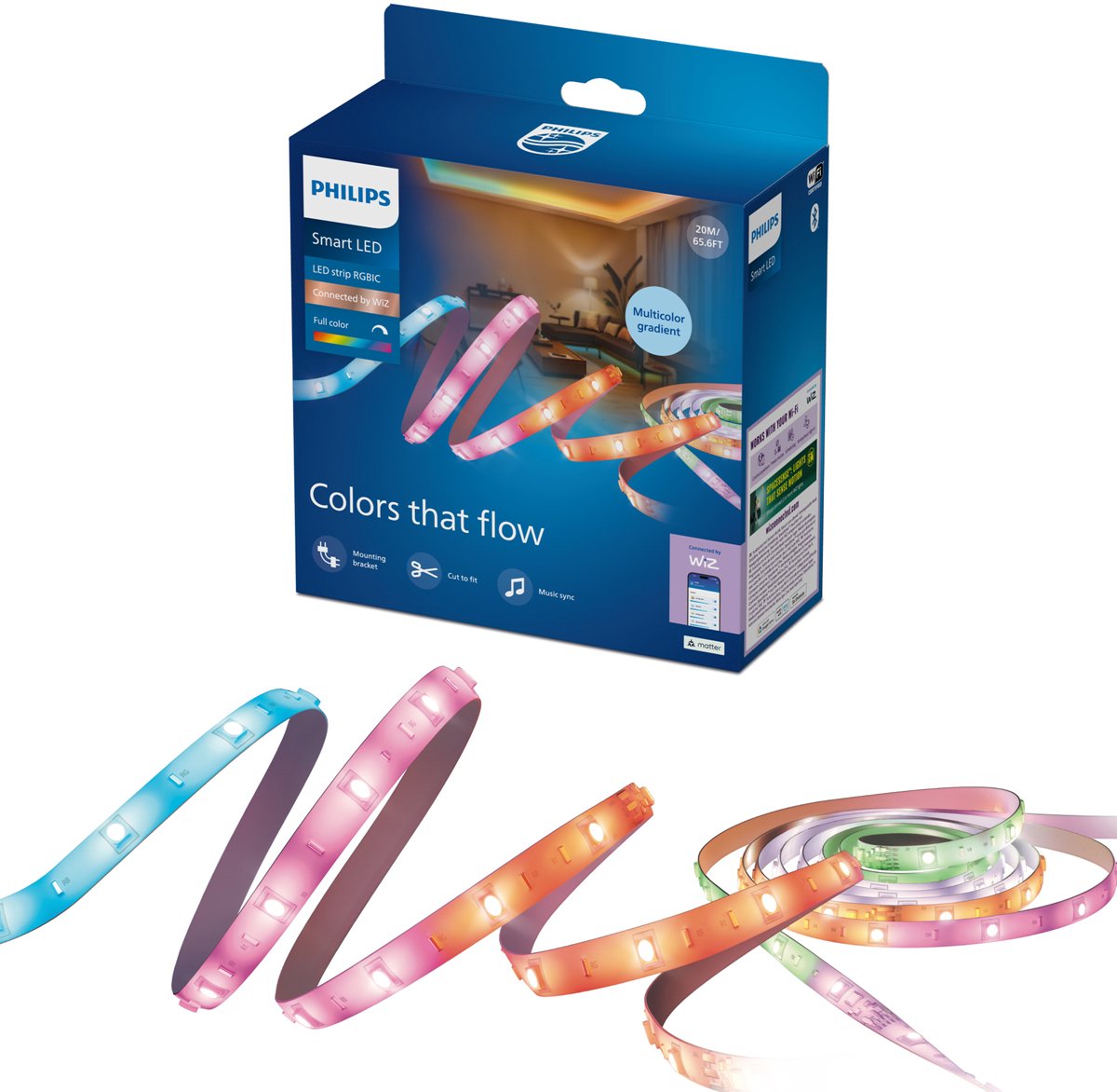 Philips Lighting philips smart Lighting - bande LED - longueur : 20 m - rgbic - lumière blanche colorée et réglable - synchronisation de la musique - fonctionne avec l'application wiz - wifi
