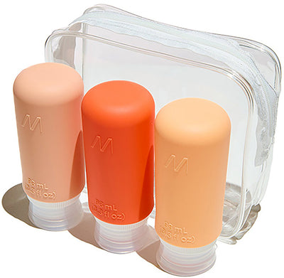 Sac de voyage Muitomas + 3 bouteilles - adapté aux bagages à main - silicone - codage couleur facile - 3x98 ml - bouchons anti-fuite - duvet de pêche
