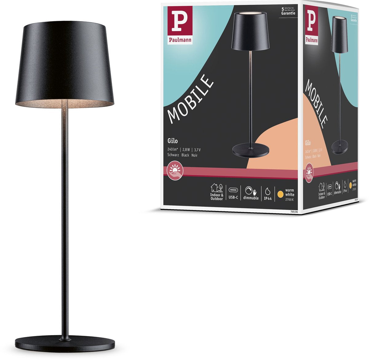 Lampe à batterie Paulmann Gilo IP44 dimmable 2700K noir mat