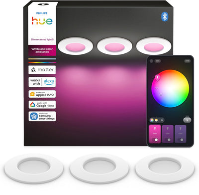 Spot encastrable LED Philips Hue Thin - éclairage salle de bain - raccord Gu10 - contient 3 spots encastrables - lumière blanche et colorée orientable - blanc - IP44 : résistant aux éclaboussures - ø : 90 mm - éclairage intelligent