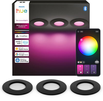 Spot encastrable LED Philips Hue Thin - éclairage salle de bain - raccord Gu10 - contient 3 spots encastrables - lumière blanche et colorée orientable - noir - IP44 : résistant aux éclaboussures - ø : 90 mm - éclairage intelligent