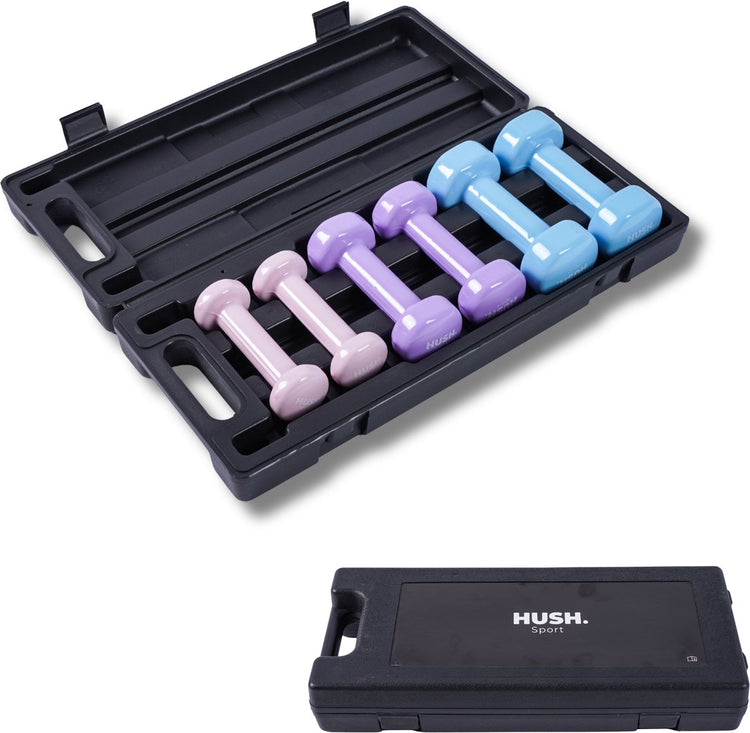 Hush sport - coffret d'haltères 6 kg - 6 haltères (2x 0,5 kg, 2x 1 kg, 2x 1,5 kg) - revêtement en vinyle avec poignée antidérapante - avec étui de rangement pratique - pour l'entraînement de force, le yoga fitness