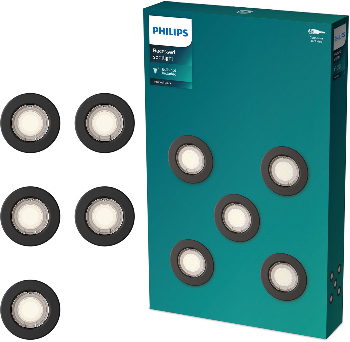 Philips LED Spot encastrable Philips Peridot - culot gu10 - noir - rond - tête fixe - lot de 5