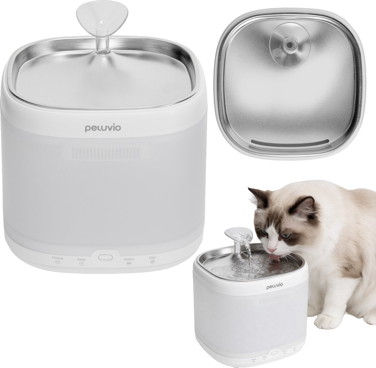Peluvio Rillan – fontaine à eau pour chat avec radar intelligent – réservoir 2 l – système de double filtre – batterie USB-C – silencieuse, hygiénique, économe en énergie