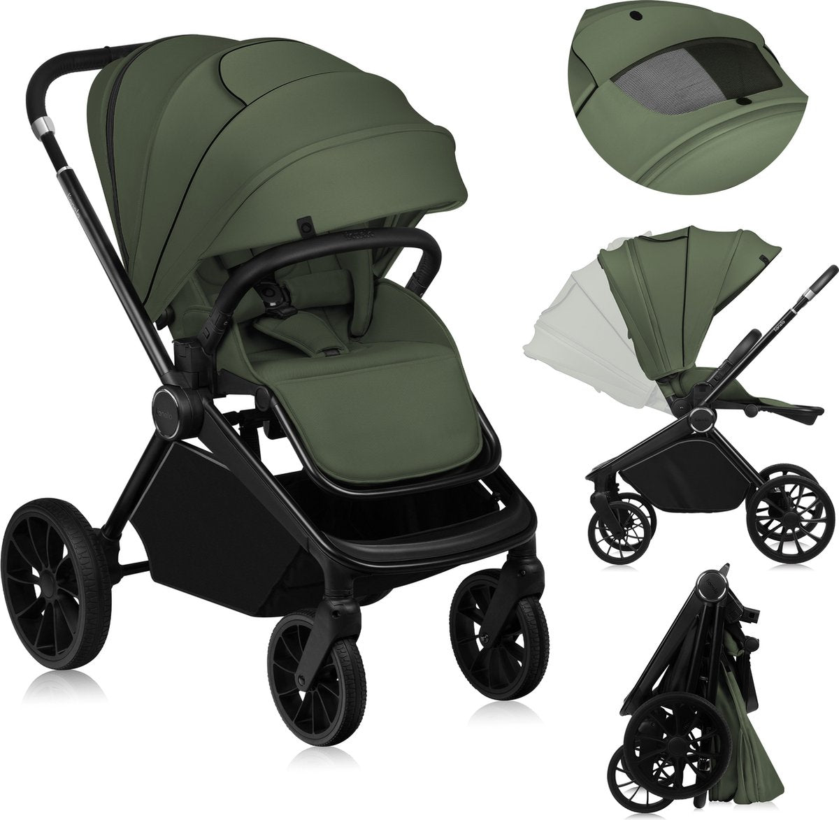 Poussette Lionelo mika plus - roues tout terrain - légère - siège réglable - capote XXL avec UPF 50+ - pliable compacte - accessoires inclus