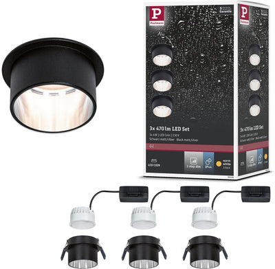 Paulmann Lampe à encastrer LED 3 niveaux Gil Coin set de base IP44 rond 68 mm coin 3x6W 3x470lm 230V dimmable 2700K noir mat, acier brossé